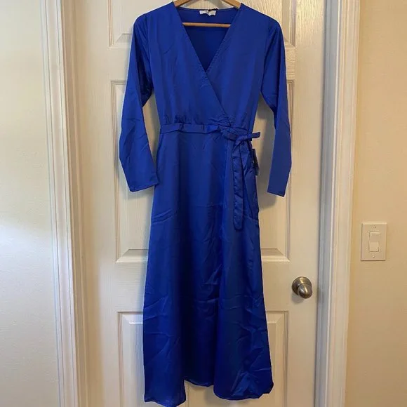 NSR Nordstrom Long Sleeve Faux Wrap Around Maxi Dress - Small - Royal Blue NWT - Picture 1 of 5